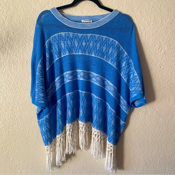 Club Monaco Sweaters - Club Monaco Knit Poncho With Fringe Size S Blue White Boho Chic Bohemian Beach